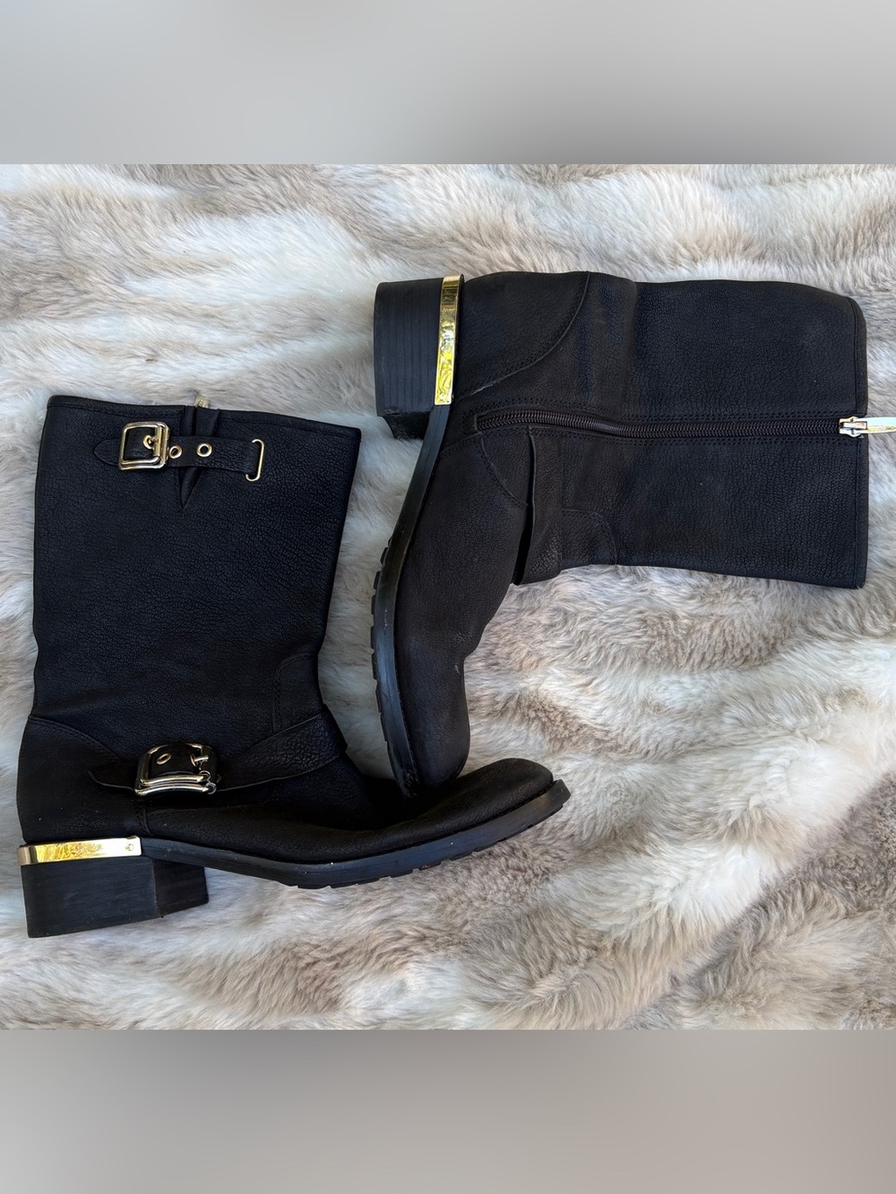 Vince Camuto Windy Black Leather Moto Mid-Calf Boots Gold Hardware - size 9